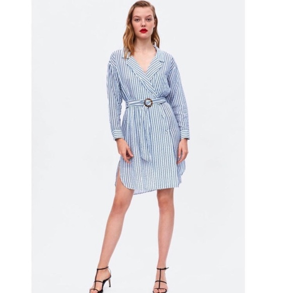 Zara Dresses & Skirts - ZARA BELTED WRAP DRESS BLUE AND WHITE